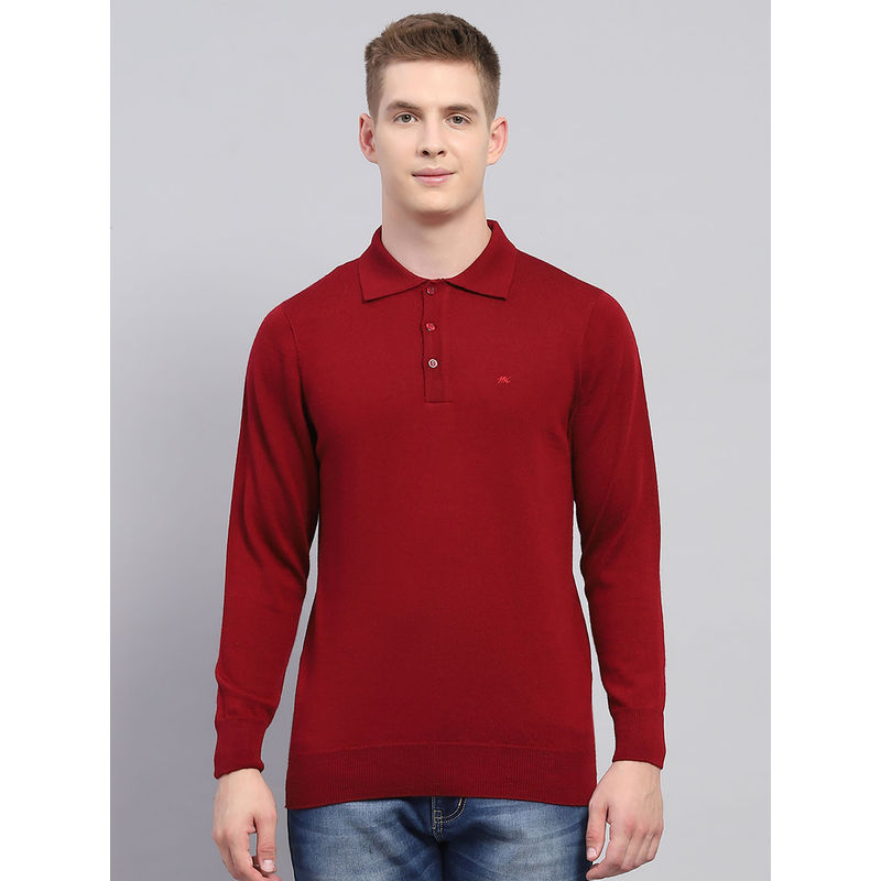 Monte Carlo Mens Solid Maroon Collar Neck Full Sleeve T-Shirt (M)