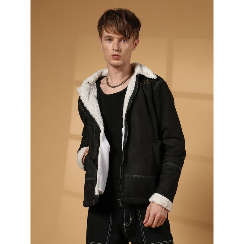 Campus Sutra Men's Carbon Black and Chalk White Fleece Lined Biker Jacket (S)