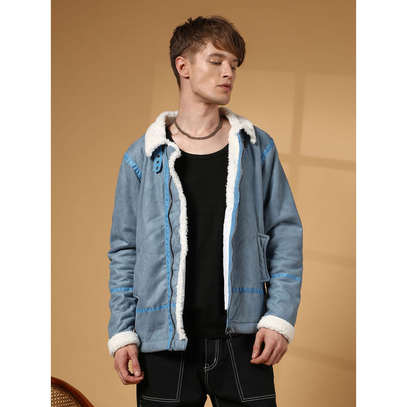 Campus Sutra Men's Icy Blue and Chalk White Fleece Lined Biker Jacket (XL)