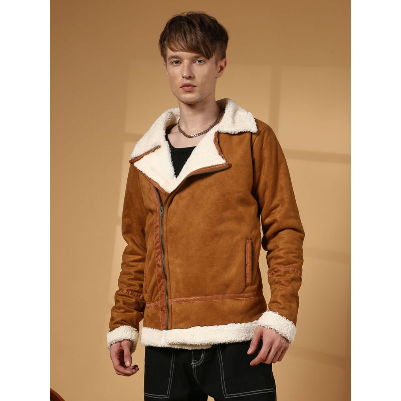 Campus Sutra Men's Tawny Brown Contrast Fleece Suede Biker Jacket (XL)