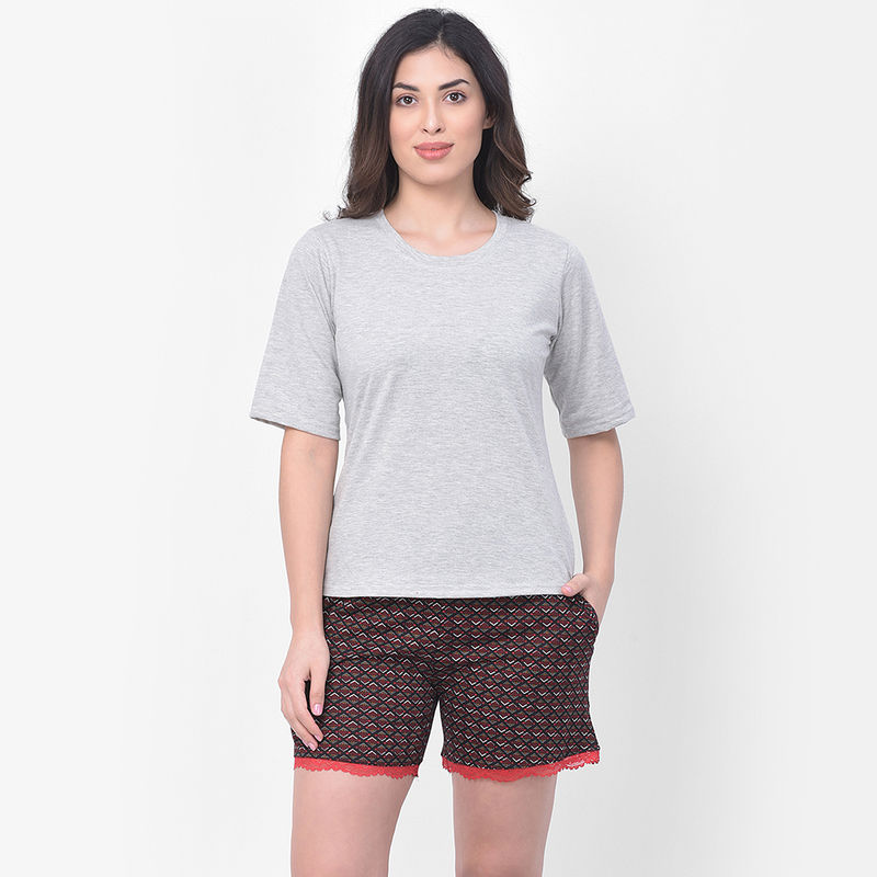 Clovia Cotton Rich Printed Boxer Shorts With Lace Hem & T-shirt Set - Black & Grey (L)