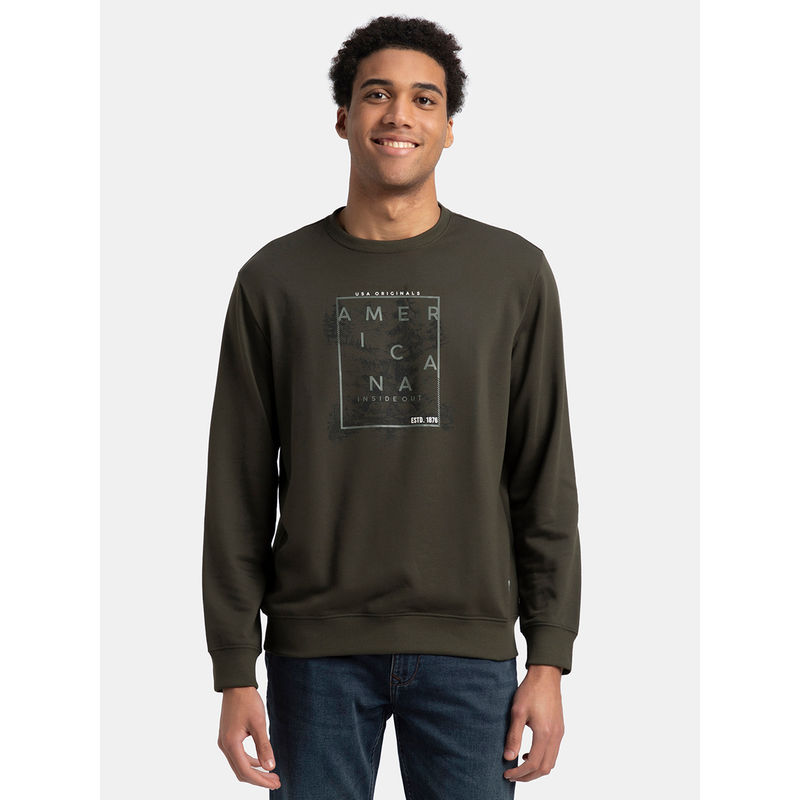Jockey UM51 Men Super Combed Cotton French Terry Printed Sweatshirt - Deep Olive (M)