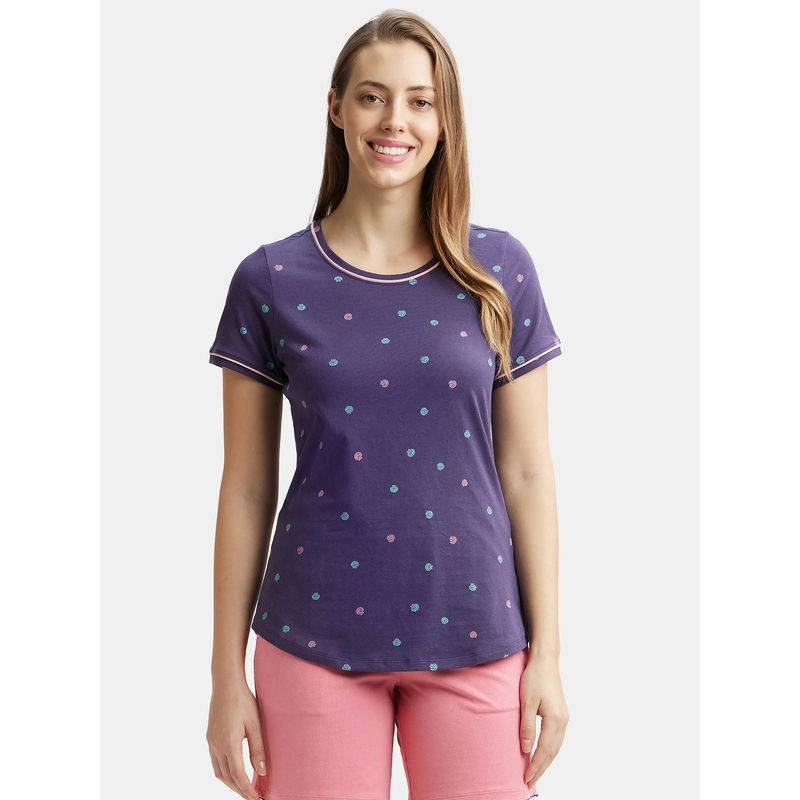 Jockey RX57 Women Cotton Relaxed Fit Printed Round Neck T-Shirt - Classic Navy (L)