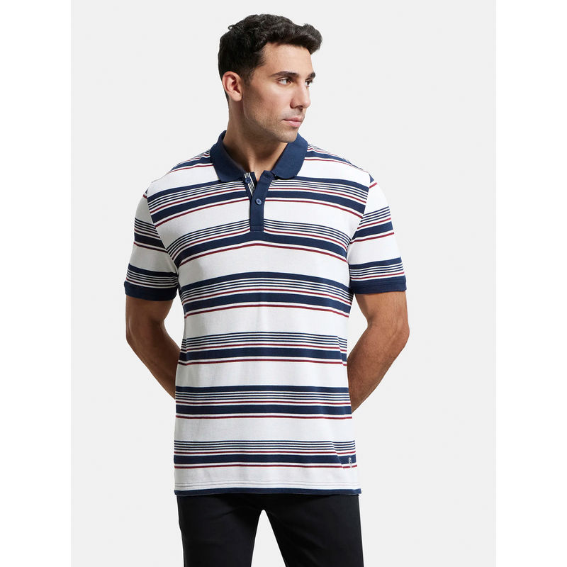 Jockey US93 Men Super Combed Cotton Striped Polo T-Shirt - White and Navy (S)