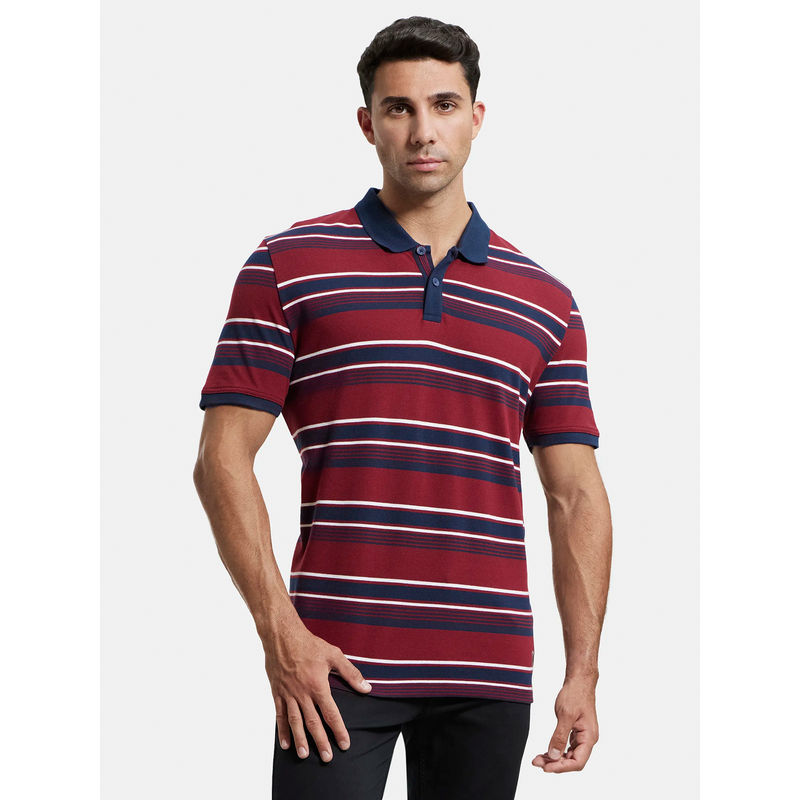 Jockey US93 Men Super Combed Cotton Striped Polo T-Shirt - Deep Red and Navy (S)