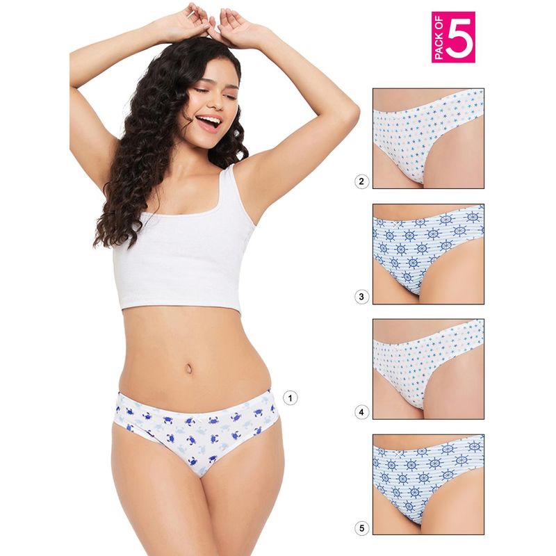 Clovia Cotton Low Waist Printed Thong with Inner Elastic Multi-Color (Pack of 5) (2XL)