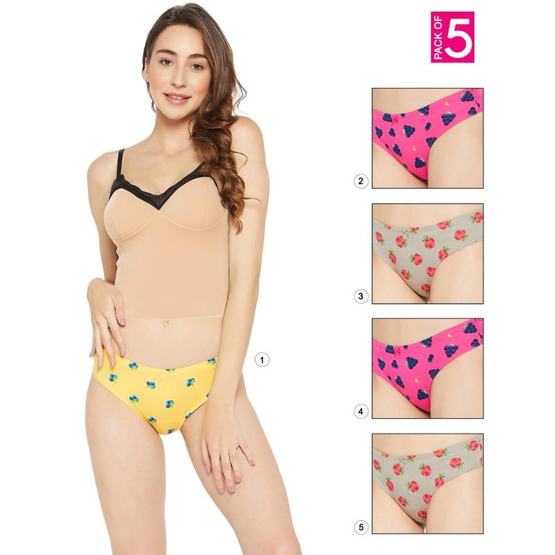 Clovia Cotton Low Waist Printed Thong with Inner Elastic Multi-Color (Pack of 5) (S)