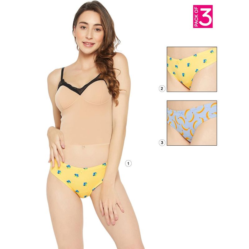 Clovia Cotton Low Waist Printed Thong with Inner Elastic Multi-Color (Pack of 3) (S)
