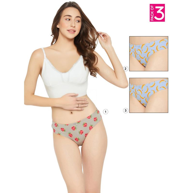 Clovia Cotton Low Waist Printed Thong with Inner Elastic Multi-Color (Pack of 3) (S)