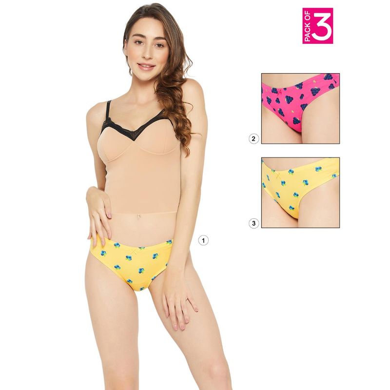 Clovia Cotton Low Waist Printed Thong with Inner Elastic Multi-Color (Pack of 3) (S)