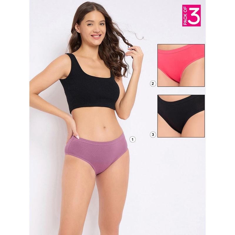 Clovia Cotton Spandex Medium Waist Inner Elastic Hipster Panty Multi-Color (Pack of 3) (2XL)