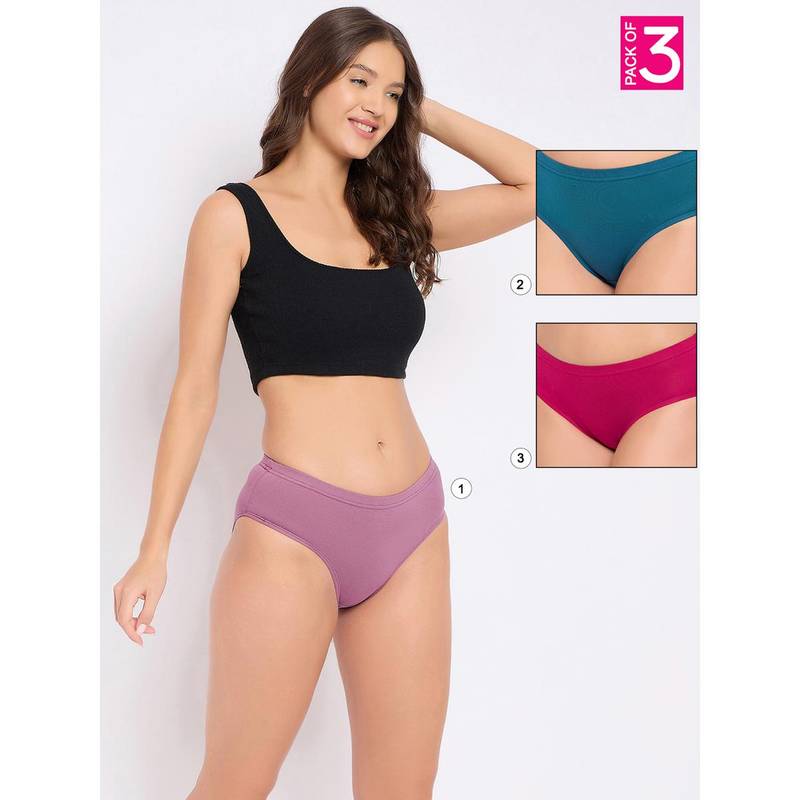 Clovia Cotton Spandex Medium Waist Inner Elastic Hipster Panty Multi-Color (Pack of 3) (L)