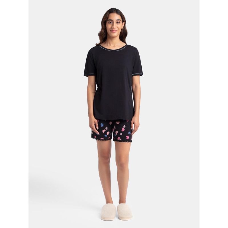 Jockey RX80 Women Micro Modal Cotton T-Shirt and Printed Shorts Set - Black (S)