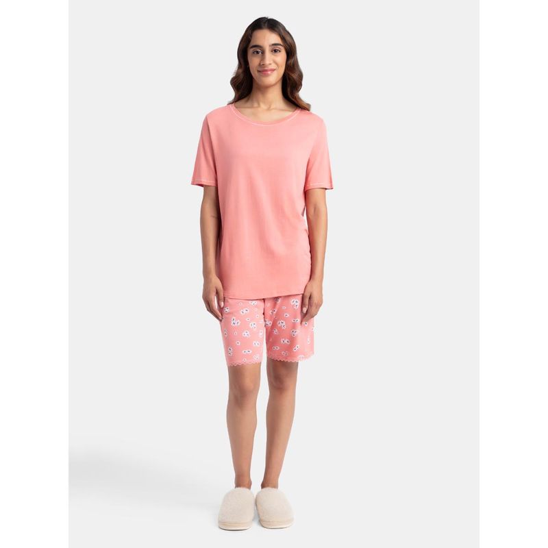 Jockey RX80 Women Micro Modal Cotton T-Shirt and Printed Shorts Set - Peach Blossom (S)