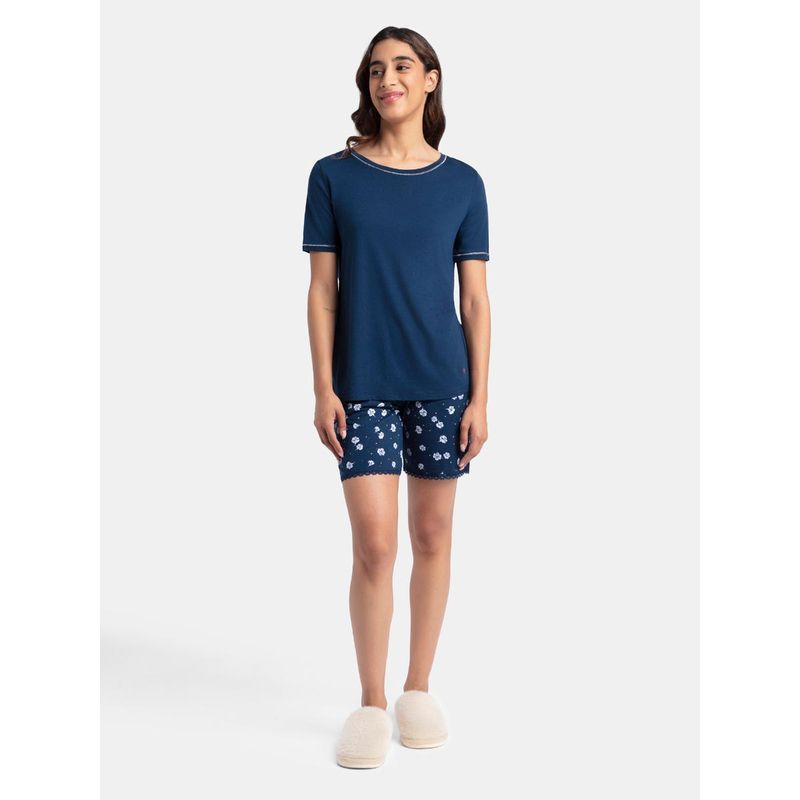 Jockey RX80 Women Micro Modal Cotton T-Shirt and Printed Shorts Set - Pageant Blue (S)