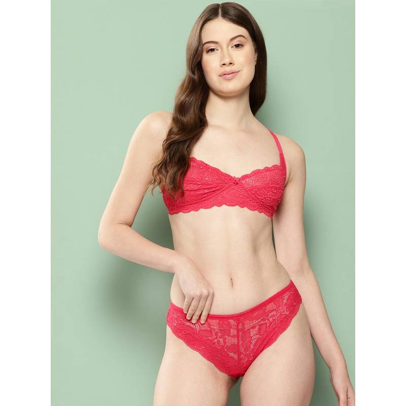 Leading Lady Womens Red Lace Non Padded Non Wired Bra and Panty (Set of 2) (36C)