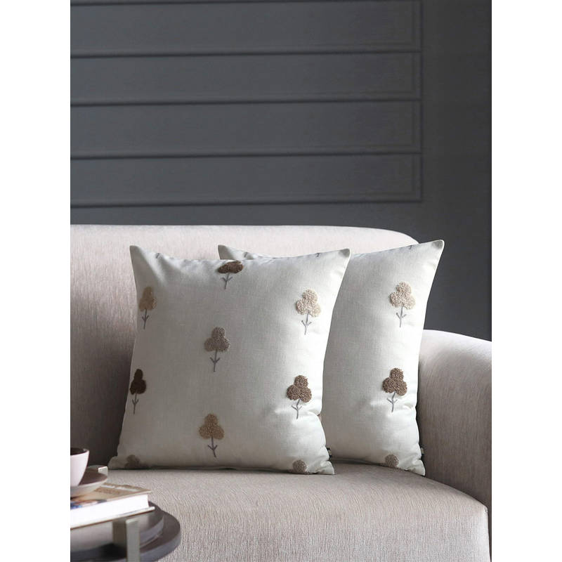 GM Floral Olive Green Embroidered Cushion Covers (Pack of 2) (24 x 24 Inches)