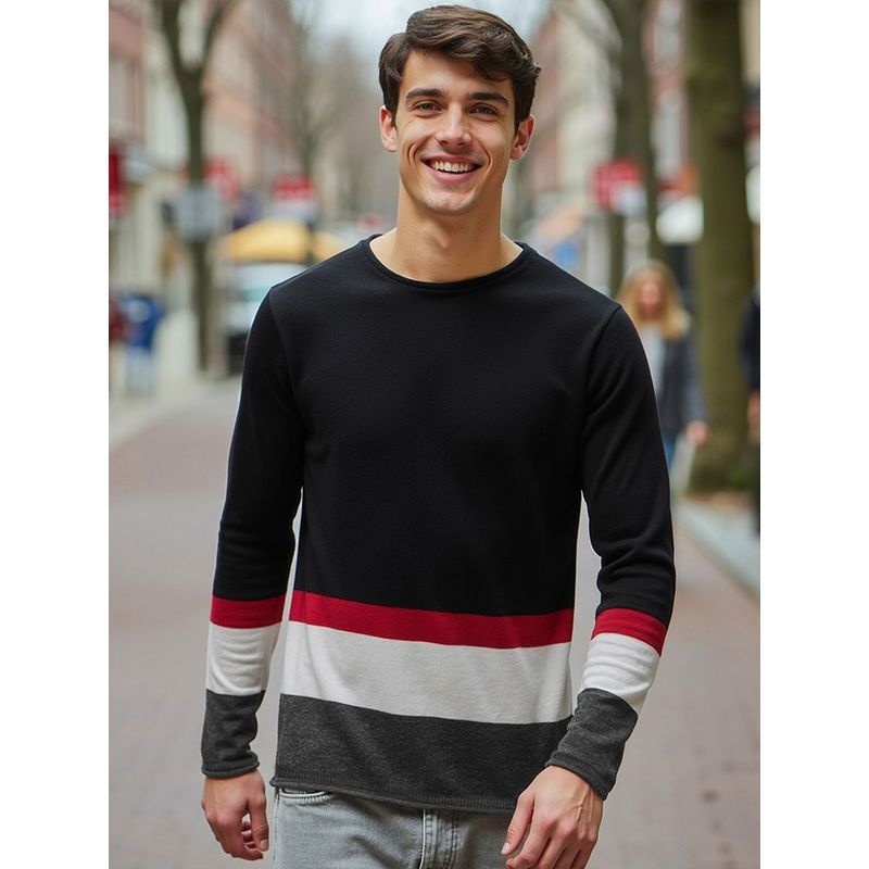 Bewakoof Men's Black Color Block Flat Knit Sweater (M)