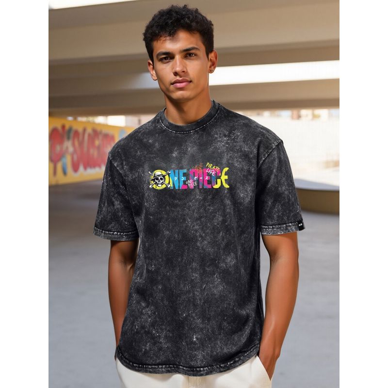 Bewakoof Men's Black One Piece Graphic Printed Oversized Acid Wash T-shirt (M)