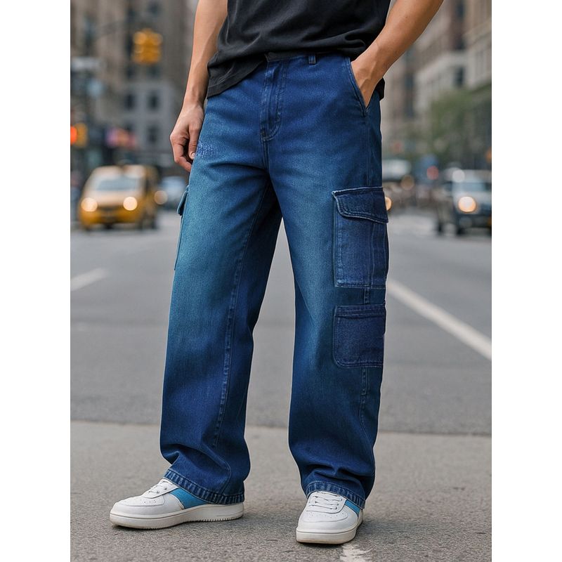 Bewakoof Men's Blue Washed Baggy Fit Cargo Mid-Rise Jeans (30)