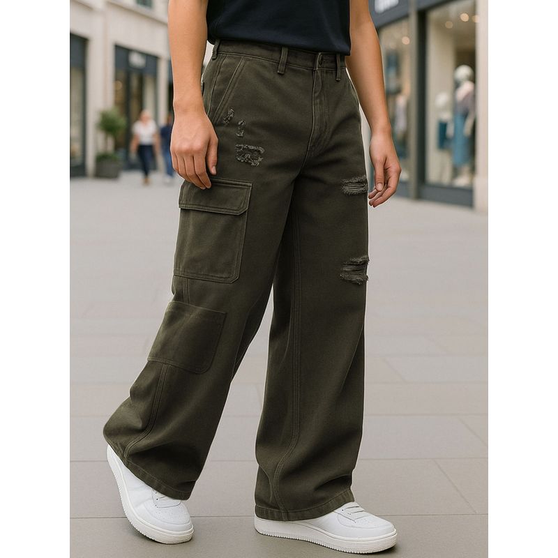 Bewakoof Men's Green Distressed Baggy Fit Cargo Mid-Rise Jeans (30)