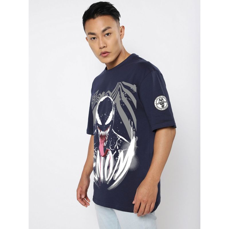Bewakoof Official Marvel Men's Navy Blue Venom Graphic Printed Oversized T-shirt (XL)