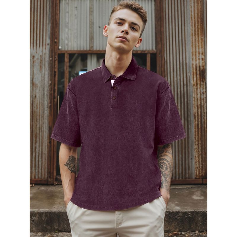 Bewakoof Heavy Duty 1.0 Men's Purple Oversized Acid Wash Polo T-shirt (M)
