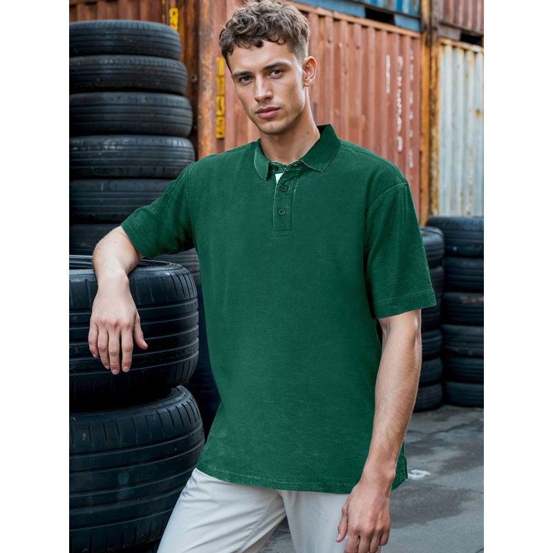 Bewakoof Heavy Duty 1.0 Men's Green Oversized Acid Wash Polo T-shirt (M)