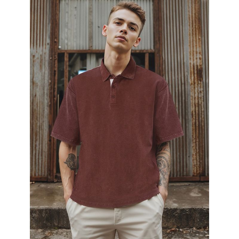 Bewakoof Heavy Duty 1.0 Men's Brown Oversized Acid Wash Polo T-shirt (M)