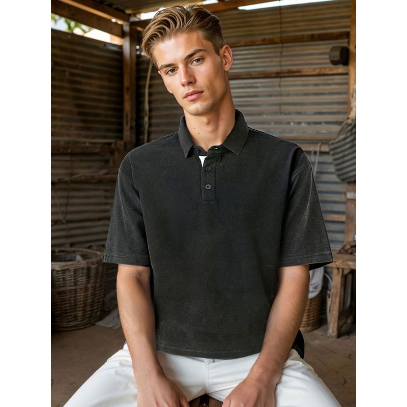 Bewakoof Heavy Duty 1.0 Men's Black Oversized Acid Wash Polo T-shirt (XL)