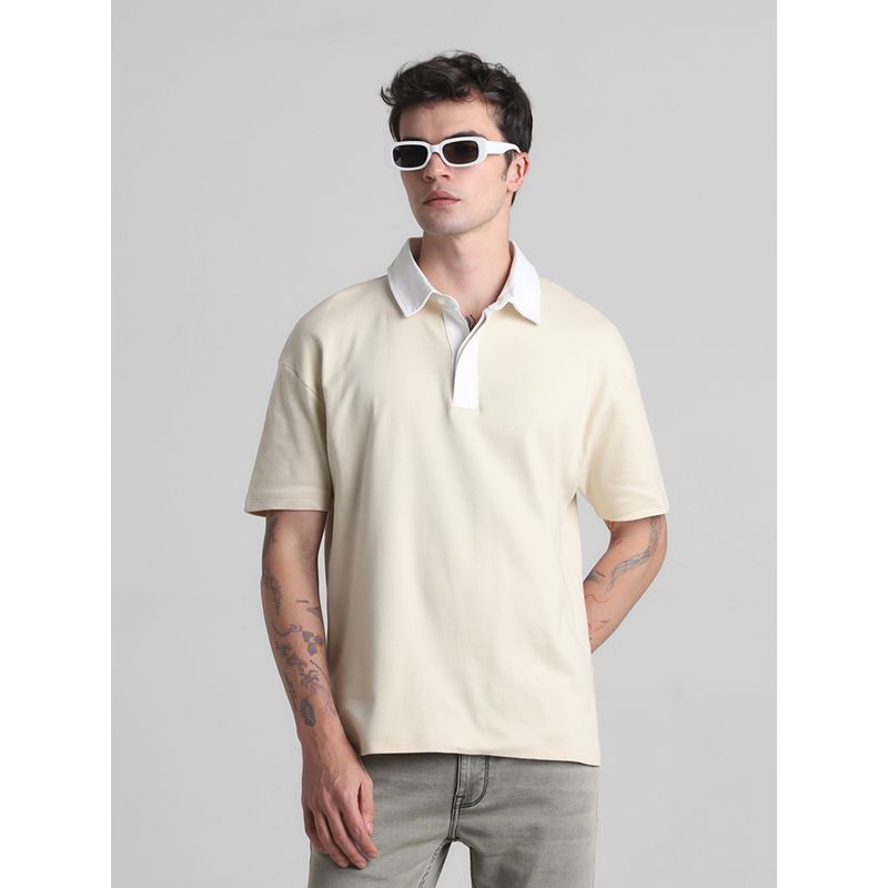 Jack & Jones Beige Oversized Drop Shoulder Polo T-Shirt (XL)