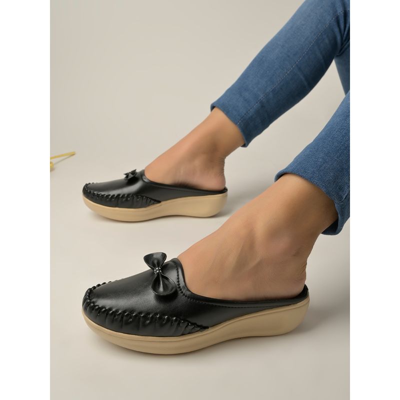 Shoetopia Women Upper Bow Detailed Black Slip On Loafers (EURO 37)
