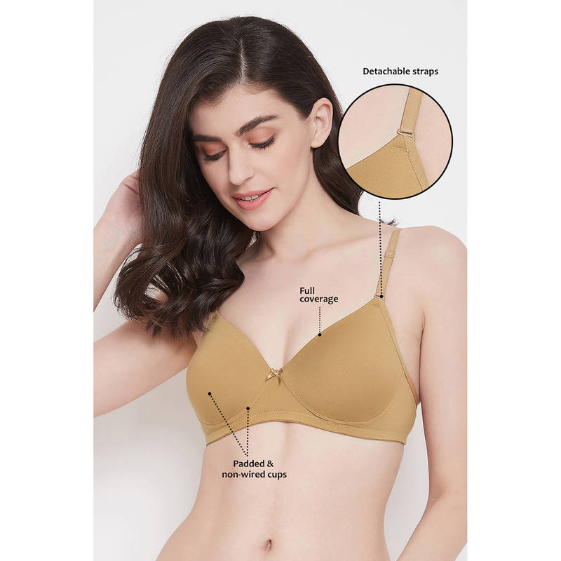 Clovia Cotton Spandex Solid Padded Full Cup Wire Free T-shirt Bra - Skin (34C)
