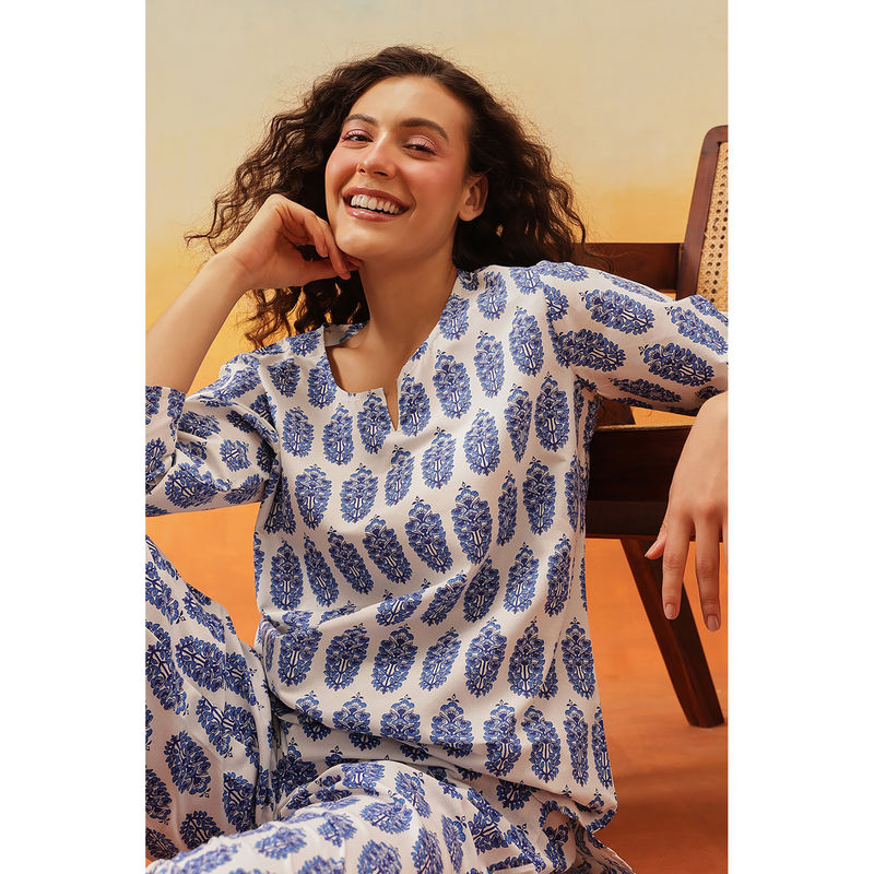 Clovia Cotton Printed Top & Pyjama Set-Blue (Set of 2)(L)