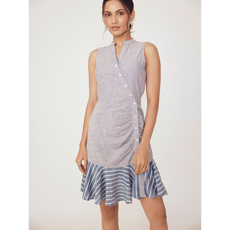 The Label Life Blue Stripe Asymmetrical Placket Dress (L)