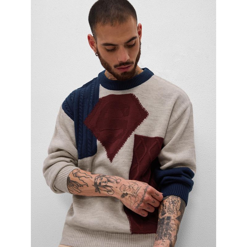 The Souled Store Official Colourblock Cable Knit Pullover Men Oversized Pullover Sweater (S)