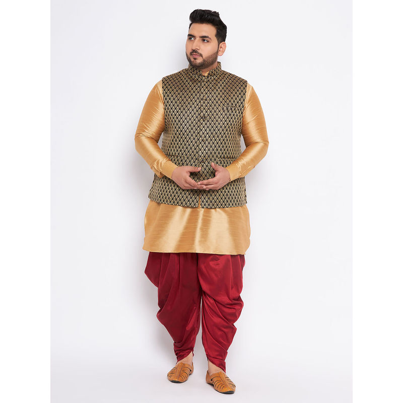 Vastramay Plus Men's Rose Gold Silk Blend Jacket Kurta Dhoti (Set of 3) (44)