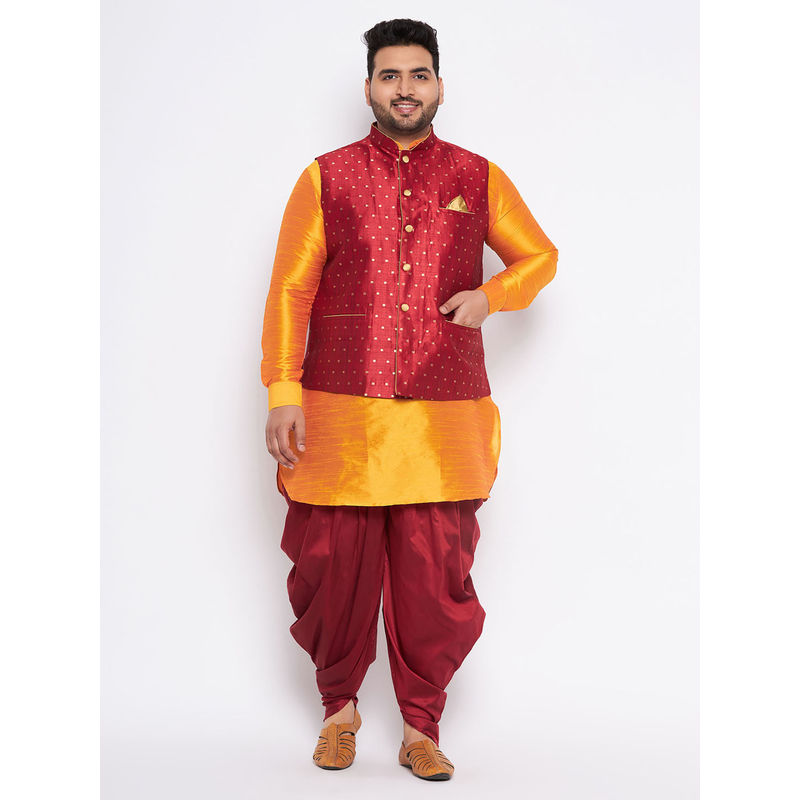 Vastramay Plus Men's Orange Silk Blend Jacket Kurta Dhoti (Set of 3) (44)
