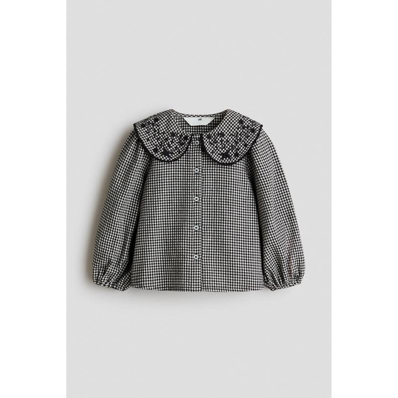 H&M Girls Black Embroidery-Detail Cotton Blouse (2-3 Years)