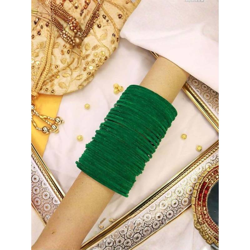 I Jewels Women Green Metal Velvet Bangles (Pack of 48) (2.4)