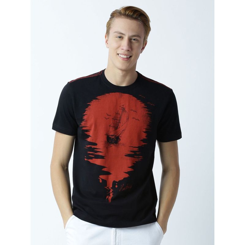 Huetrap Mens Printed Round Neck Black T-Shirt (2XL)