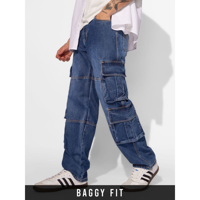 The Souled Store Mens Washed Blue Cargo Pockets Jeans (36)