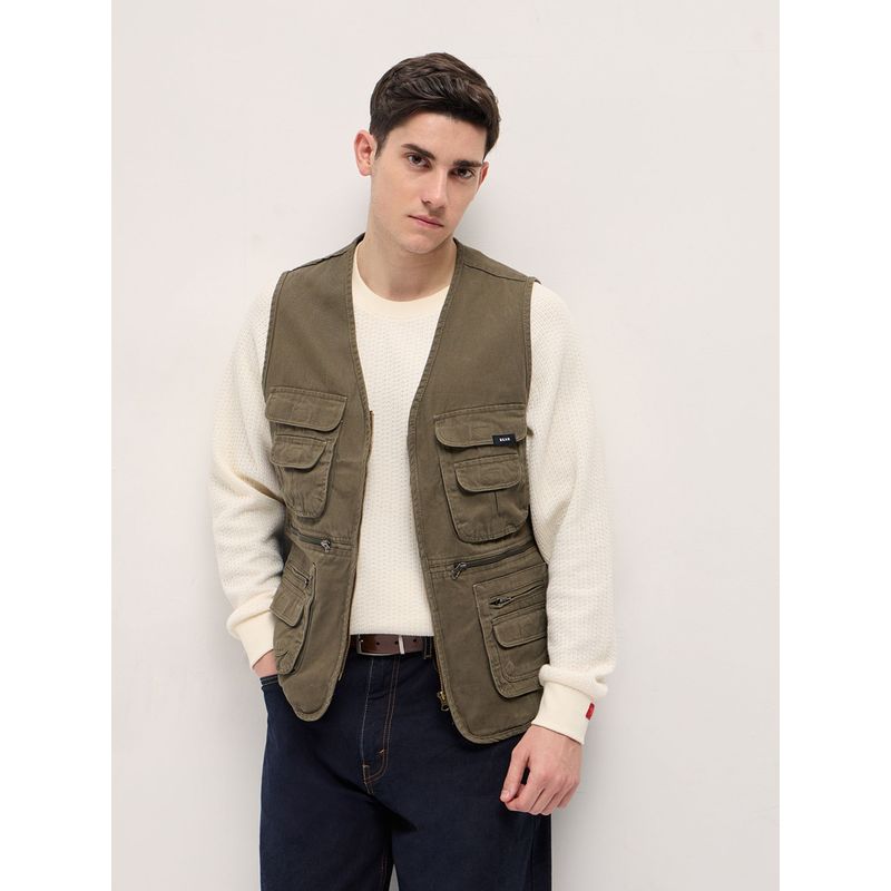 THE BEAR HOUSE Mens Olive Sleeveless Regular Fit Multi Pockets Jacket (S)