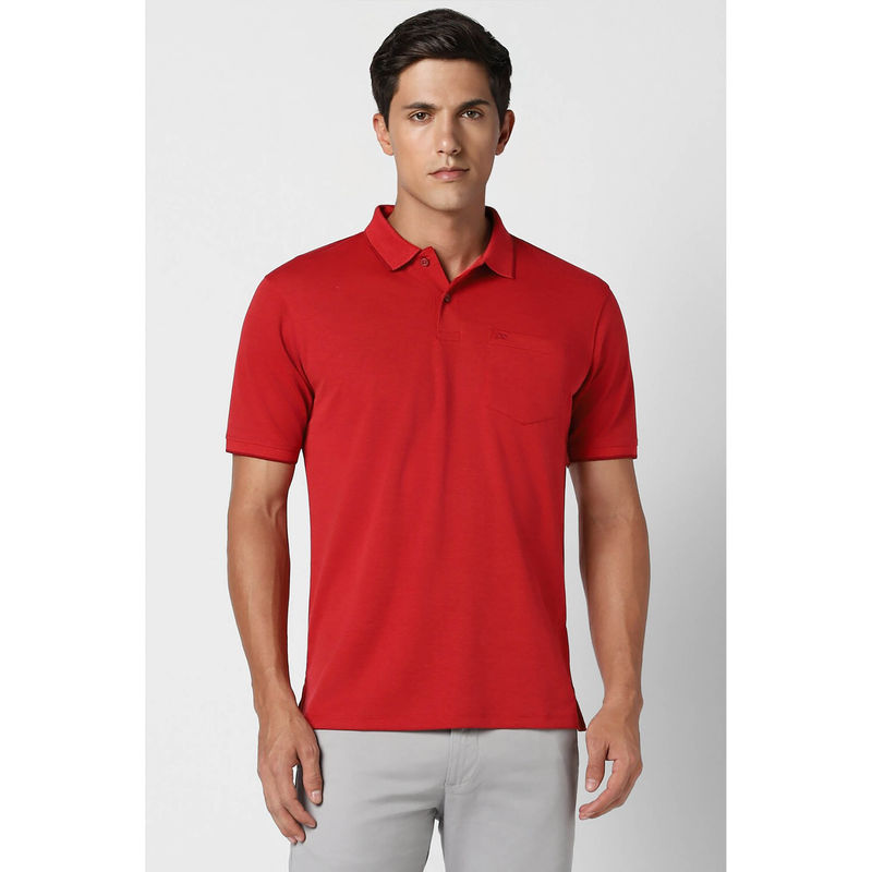 Peter England Men Red Solid Collar Neck Polo T-Shirts (M)