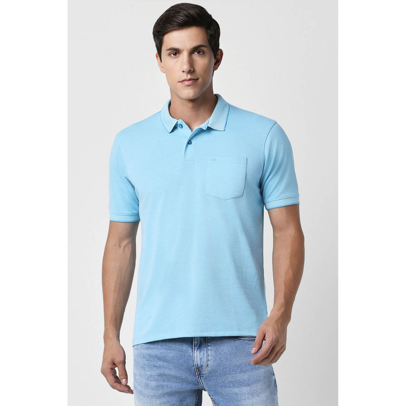 Peter England Men Blue Solid Plain Collar Neck Polo T-Shirts (M)