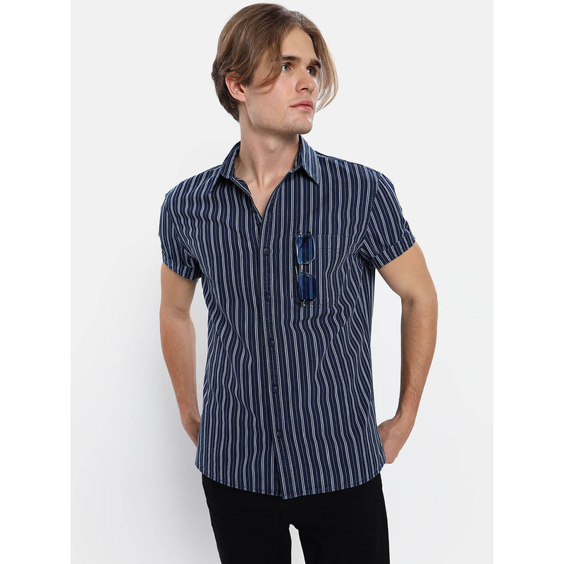 American Eagle Men Blue Short Sleeve Striped Denim Button Up Shirt (XS)