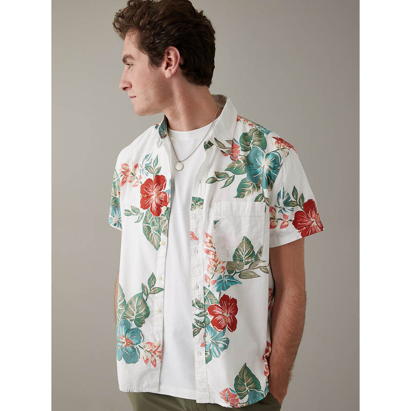 American Eagle Men White Tropical Button-Up Resort Shirt (XL)