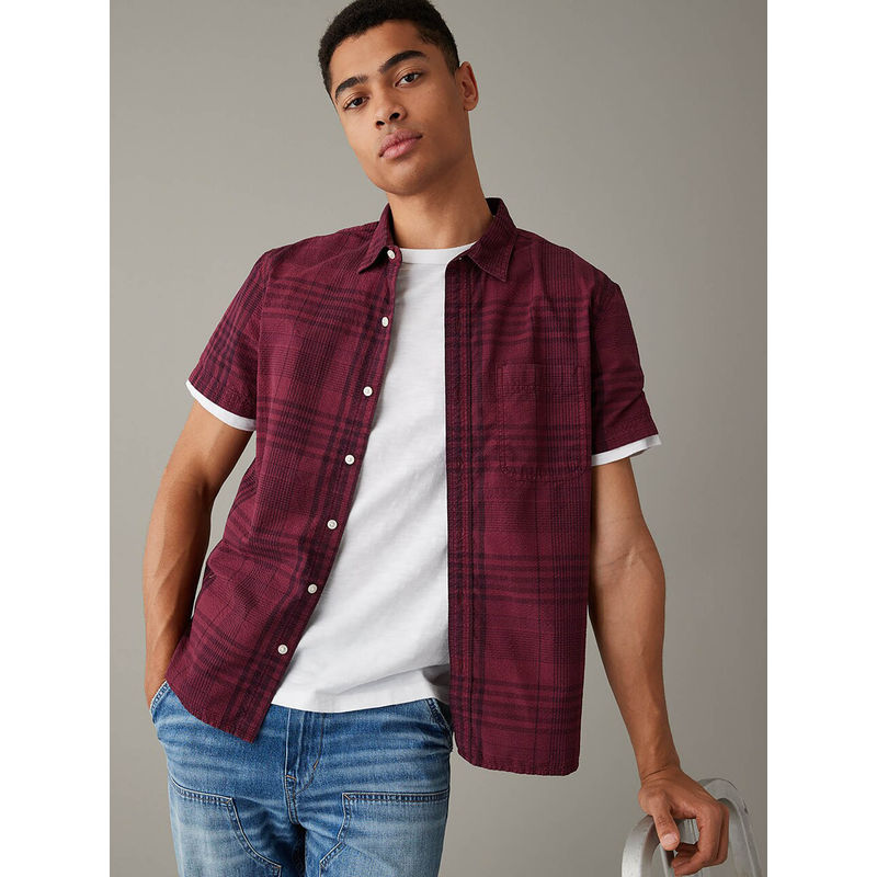 American Eagle Men Maroon Plaid Button-Up Resort Shirt (L)