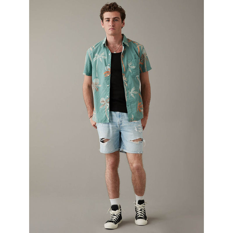 American Eagle Men Green Tropical Button-Up Resort Shirt (L)