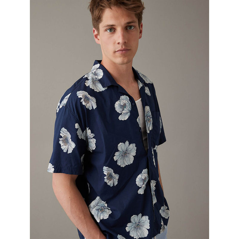 American Eagle Men Navy Blue Tropical Button-Up Pool Side Shirt (M)